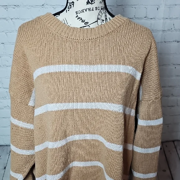 Lane Bryant Tan and White Striped Crew Neck Sweater - Picture 2 of 7